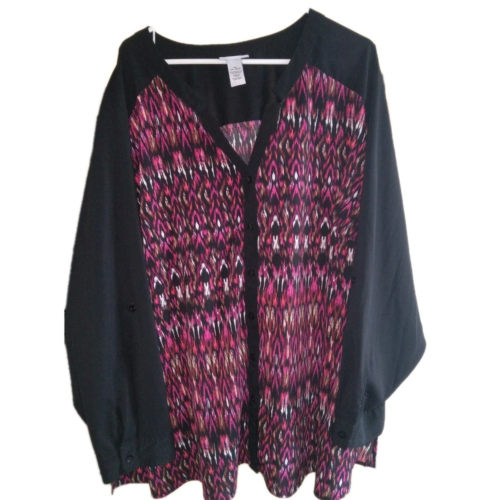 Catherines Black Button Up Roll Tab Sleeve Multicolor Blouse Sz 5X Ikat Office